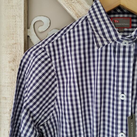 Pennington Bailes Women's Long Sleeve Button Down Cotton Blouse Navy Blue Plaid - Picture 2 of 7